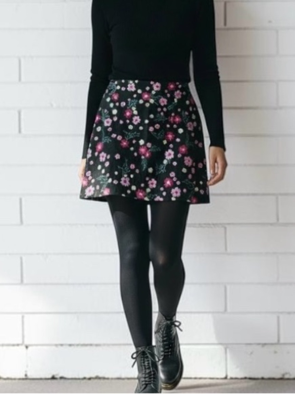 LOFT Black A-Line Mini Skirt with Embroidered Floral Print